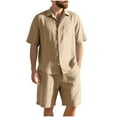 thumbnail image 2 of Mens Cotton Linen Shorts and Shirt Sets Tracksuit Set Summer Co Ord Sets Short Sleeve Button Down Shirts & Shorts with Pockets 2 Piece Outfits Vacation Beach Wedding Suits Khaki XXL, 2 of 7