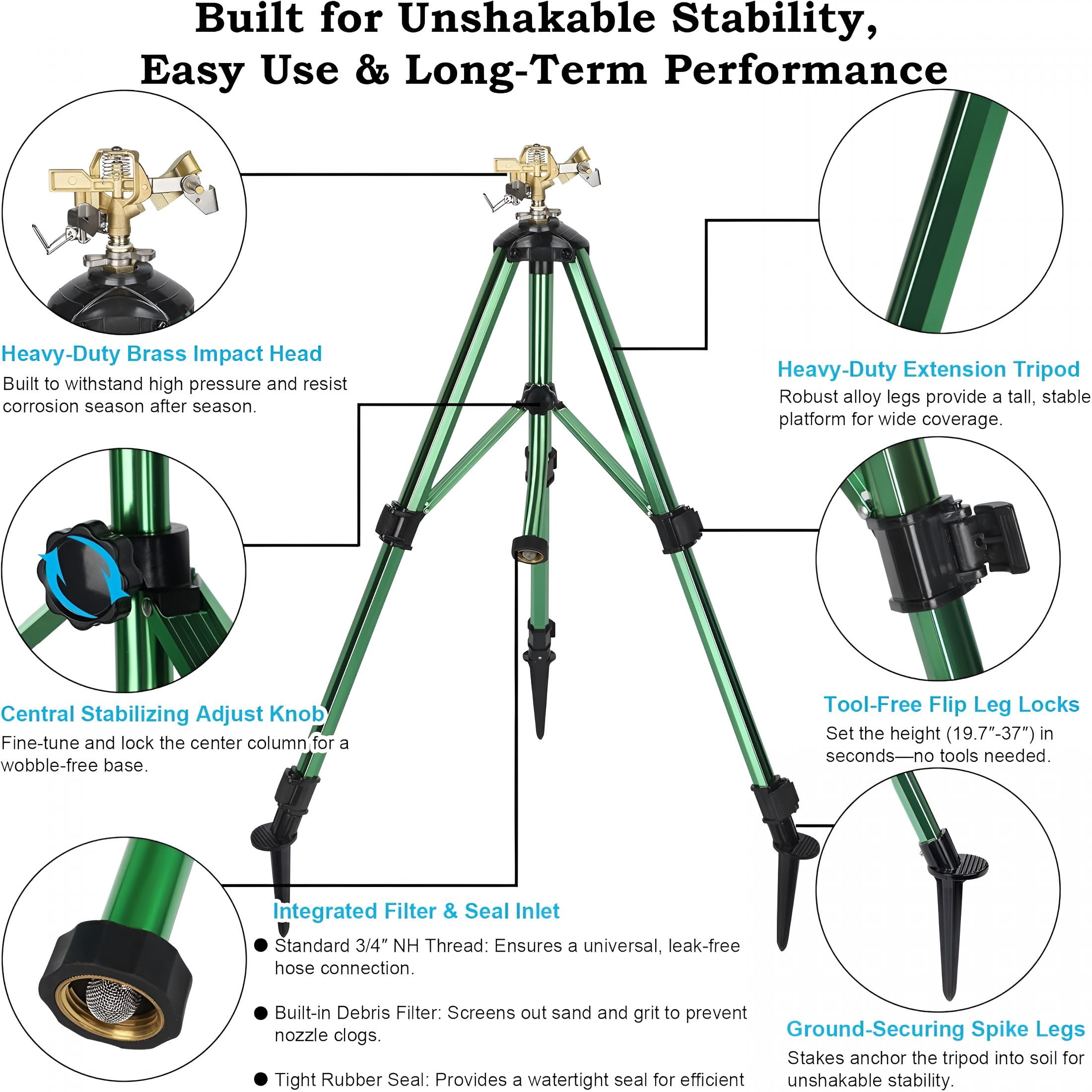 HIBIBUD Impact Sprinkler on Tripod Base,360° Adjustable Brass Sprinkler Head with Stakes,Heavy Duty Metal Tripod Lawn Sprinkler for Large Area Lawn,Yard&Garden Irrigation,1 Pack