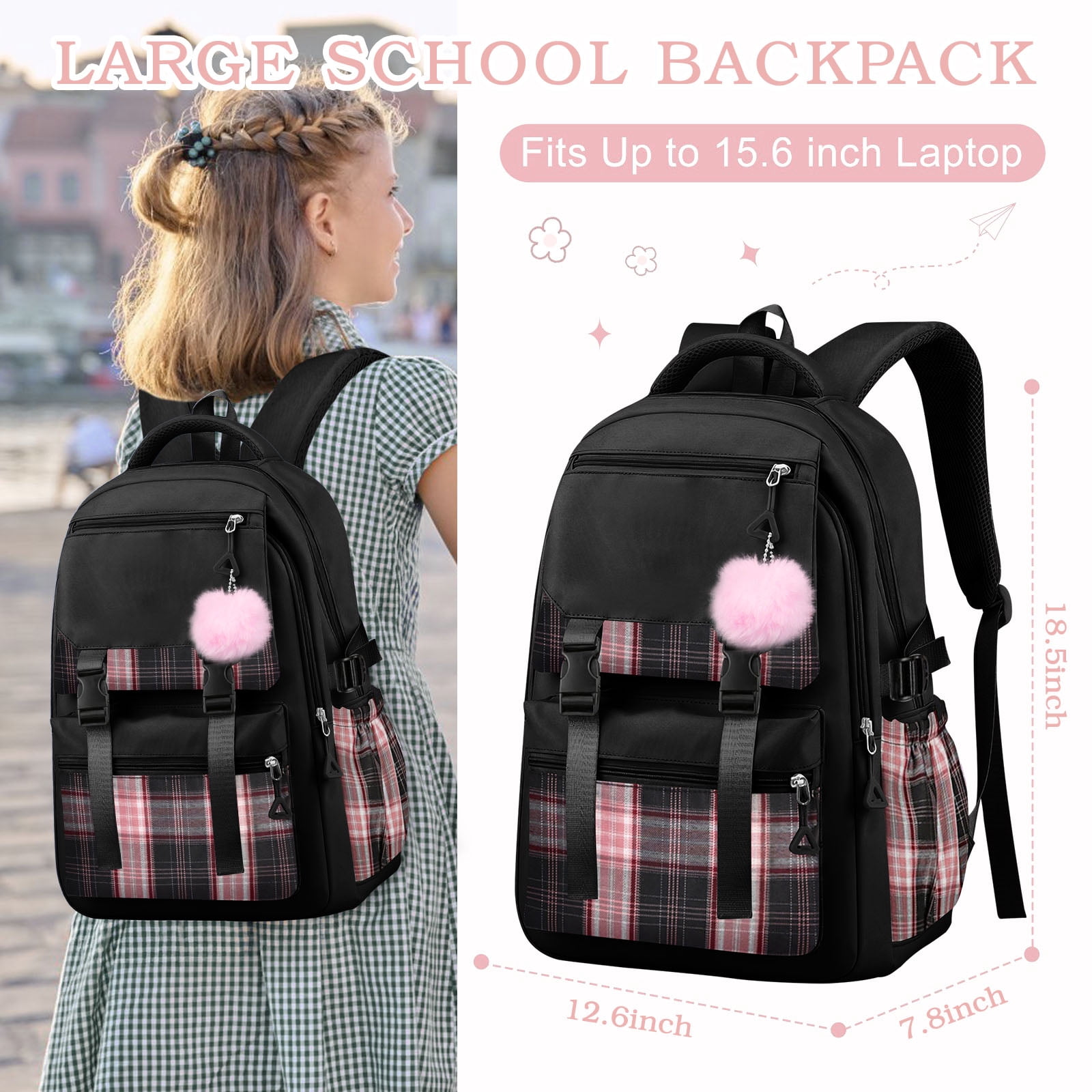 DAKIMOE Black School Backpack for School, Travel, Work, Large Capacity Waterproof Bookbag with 7 Compartments and Luggage Belt