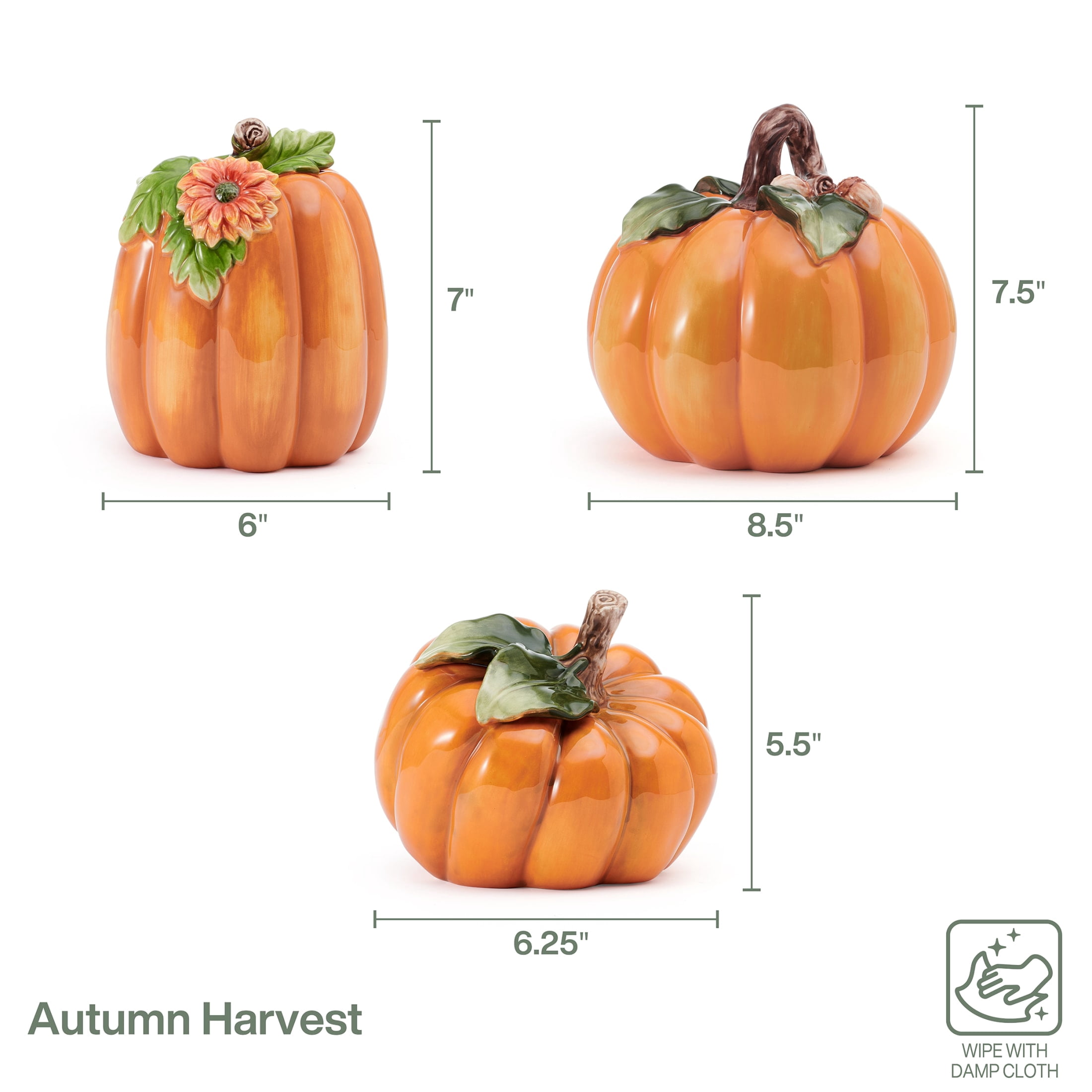 Fitz and Floyd Harvest Pumpkin Orange Earthenware Decorative Figurine (Set of 3)