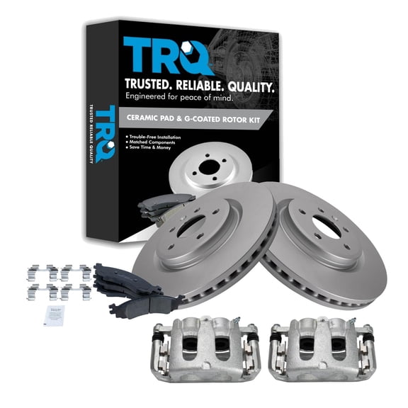 TRQ Front Brake Pad & Rotor Kit Brake Caliper Brake Pads Brake Rotor Ceramic Vented Premium G-Coated Fits Select 2010-2012 Ford Taurus