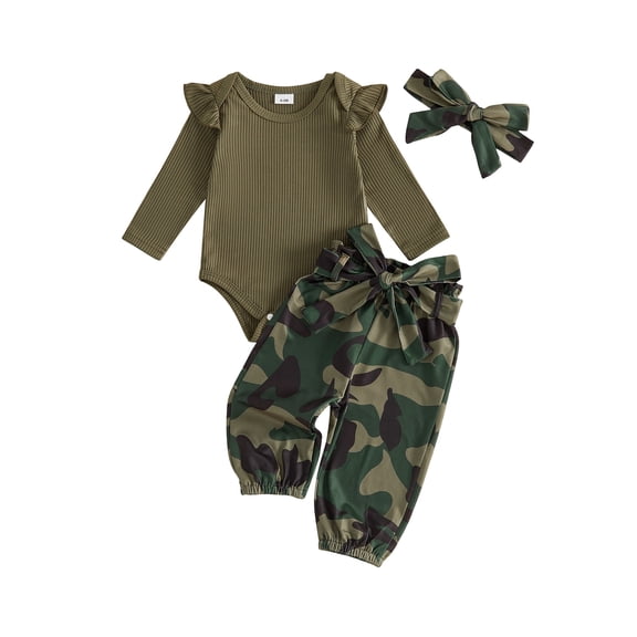Loicainy Infant Baby Girl Fall Outfits 3 6 12 18 Months Cute Long Sleeve Romper and Camo Pants Bow Headband Clothes Set