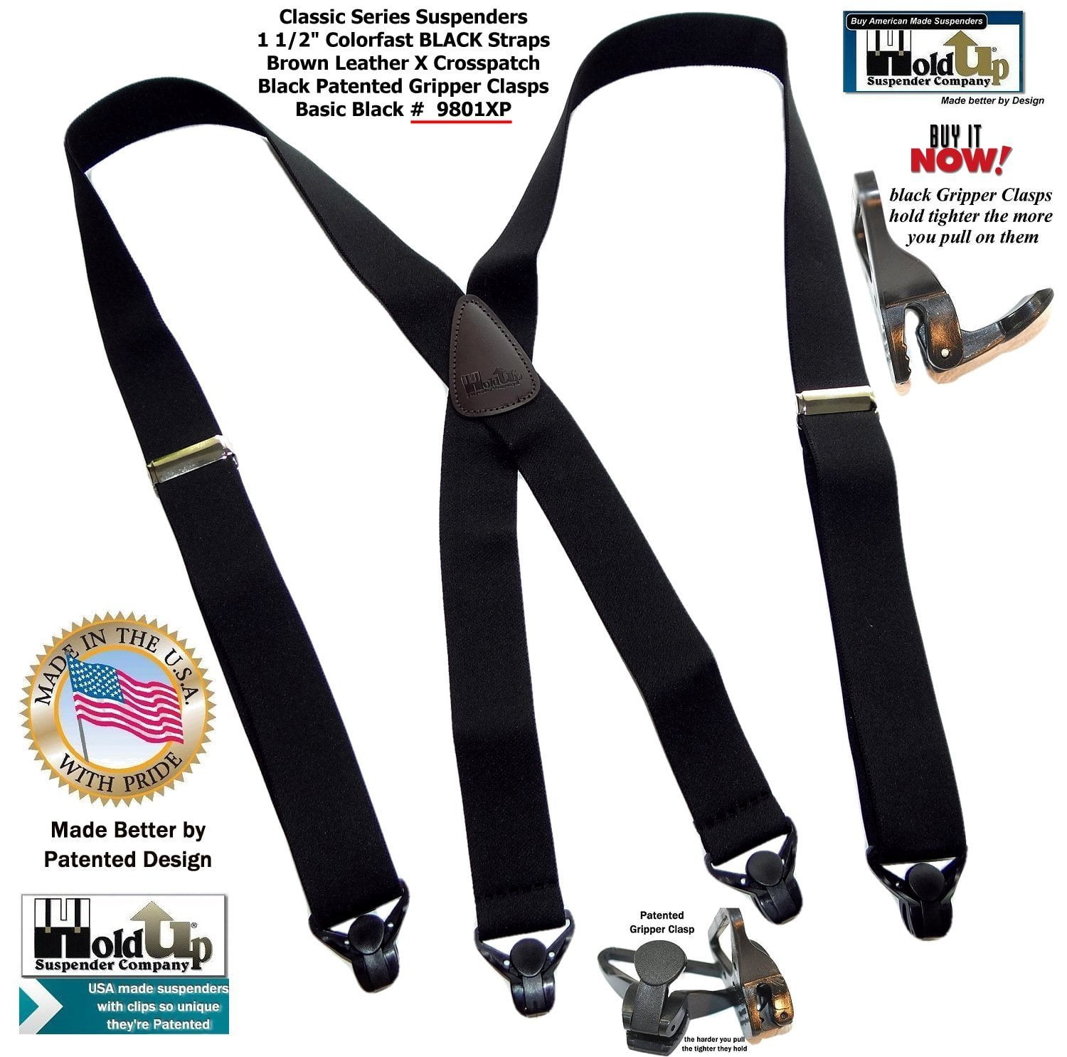 Holdup Classic Series Basic Blue X-Back Suspenders with patented black Gripper Clasp 