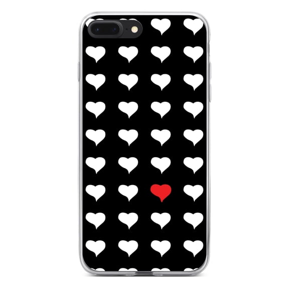 DistinctInk Clear Shockproof Hybrid Case for iPhone 7 PLUS / 8 PLUS (5.5" Screen) - TPU Bumper, Acrylic Back, Tempered Glass Screen Protector - Red White Black Repeating Hearts