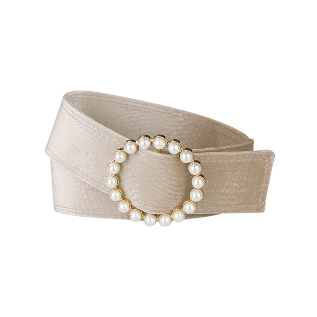 Cinturón de cintura de perlas falsas para mujeres de talla grande INSPIRE CHIC, cinturones anchos de terciopelo vintage para vestido de 25.59-32.28" beige
