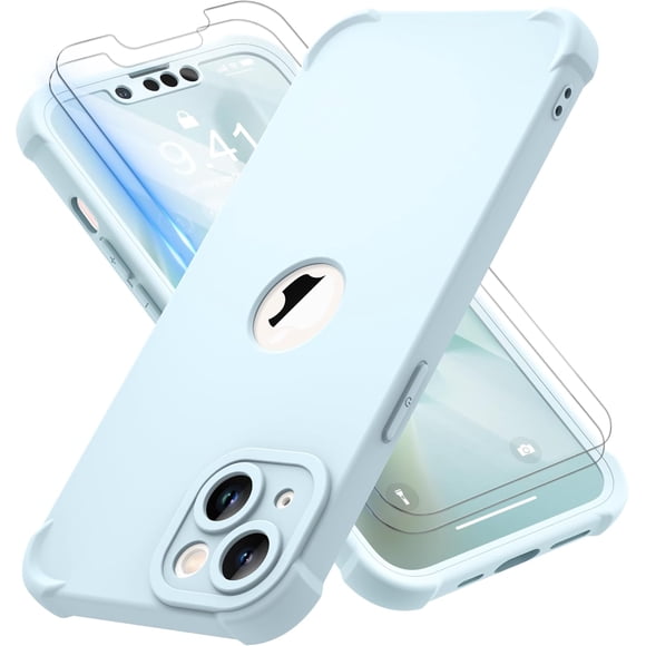 TEMOGU-for iPhone 13 Case with [2 Tempered Glass Screen Protector] [Camera Protection] Shockproof Soft Silicone Back and Hard PC Protective Bumper Cover for iPhone 13 Cover (2021)-Baby Blue