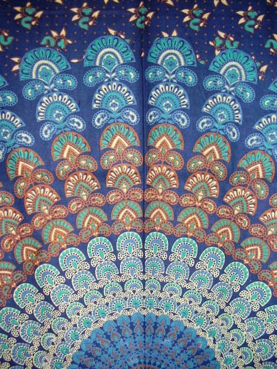 Handmade Sanganer Peacock 100% Cotton Tab Top Curtain Drape Panel 44x88 Blues 