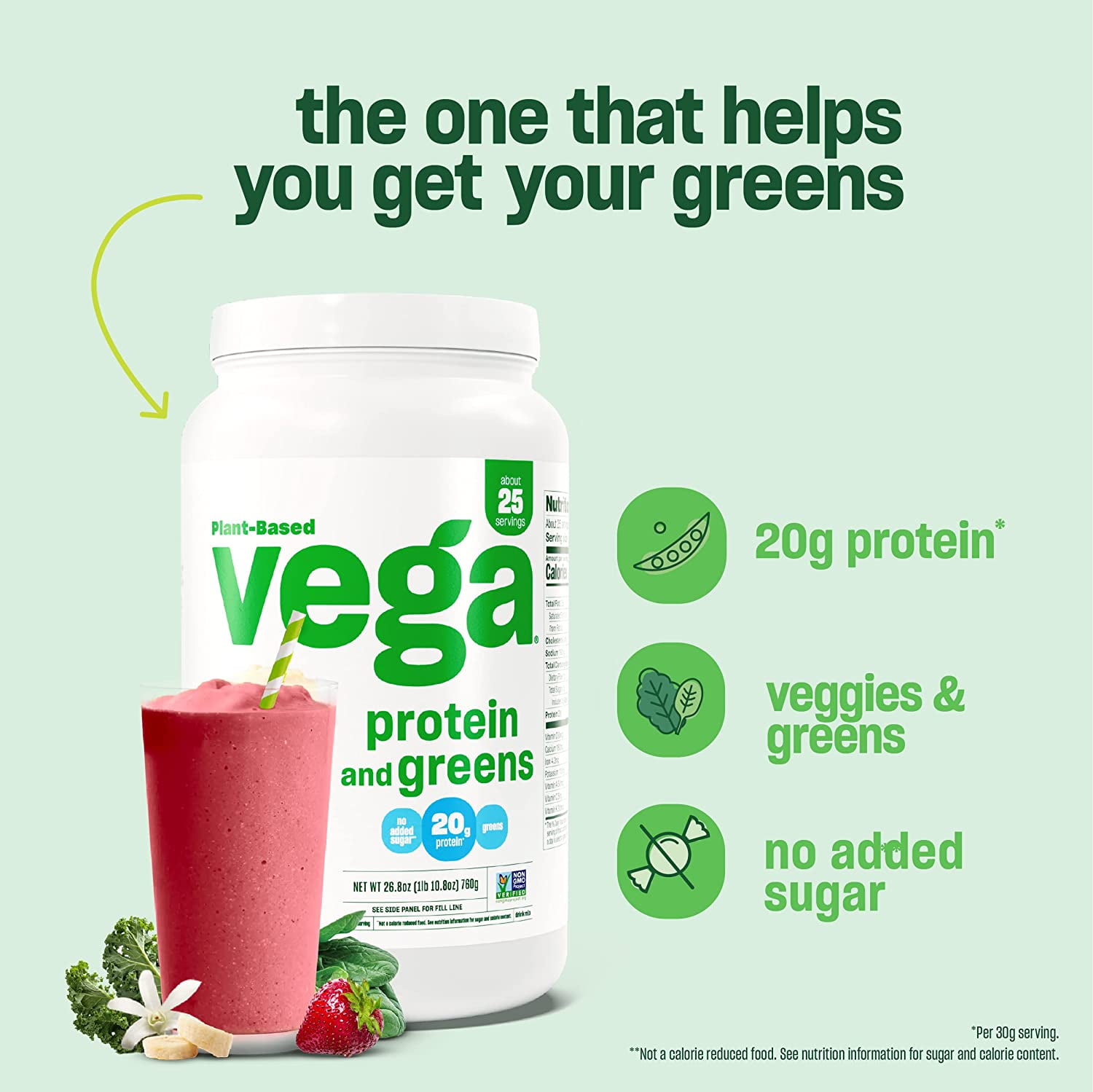 Vega Protein & Greens Plant-Based Protein Powder, Berry, 21 Servings (21.5 oz)