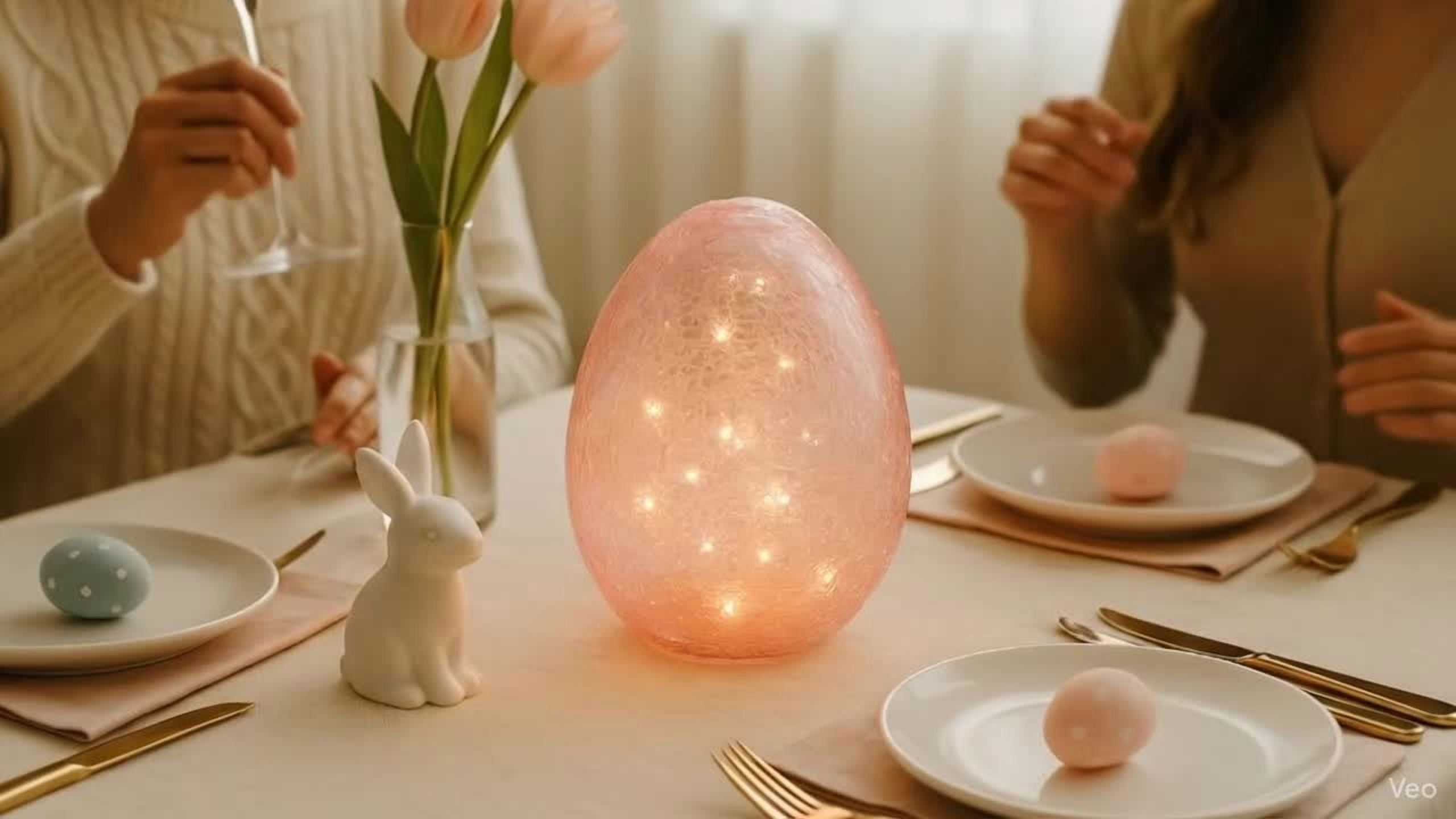6 Inch LED Lighted Easter Egg Decor, Crackle Glass Illuminated Egg with Warm White Fairy Lights, Battery Operated Spring Table Centerpiece Pink