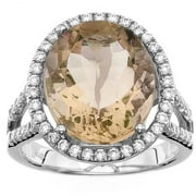 Platinum-Plated Sterling Silver Large Oval-Cut Citrine Pave CZ Ring