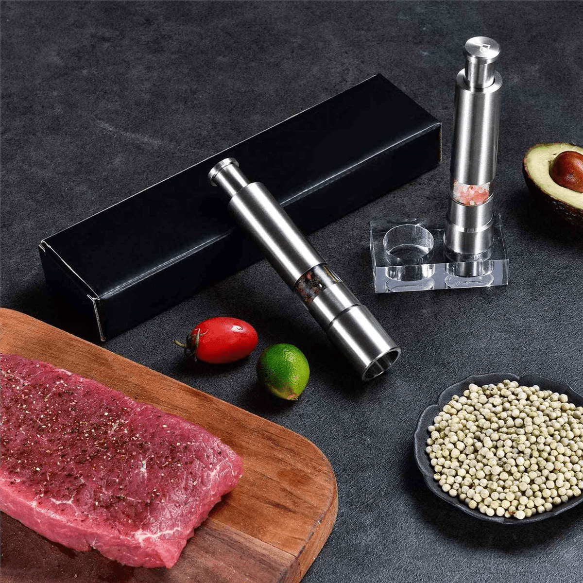 Salt and Pepper Grinder Set of 4, Pepper Mill Stainless Steel Salt Shaker Push-Button Manual Glass Salt and Pepper Set,4 x pepper grinder 2 x Base,Silver