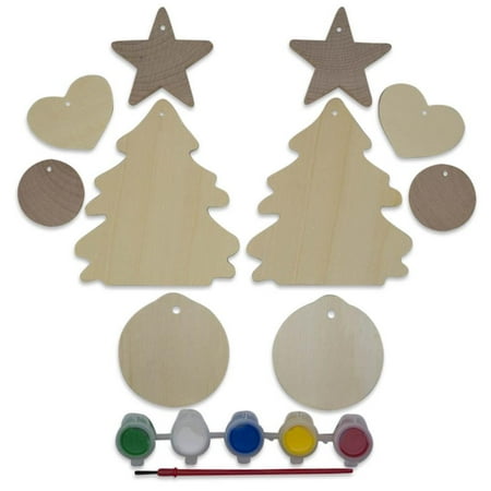 Tree Jointed Cut Out - 10 Unfinished Wooden Christmas Tree, Heart, Ball & Star Ornament Cut Outs