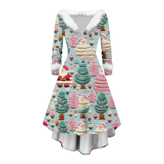 Lorytime 50s Cocktail Dresses for Women Christmas tree Plush V-Neck A Line Dress Long Sleeve Party Dresses