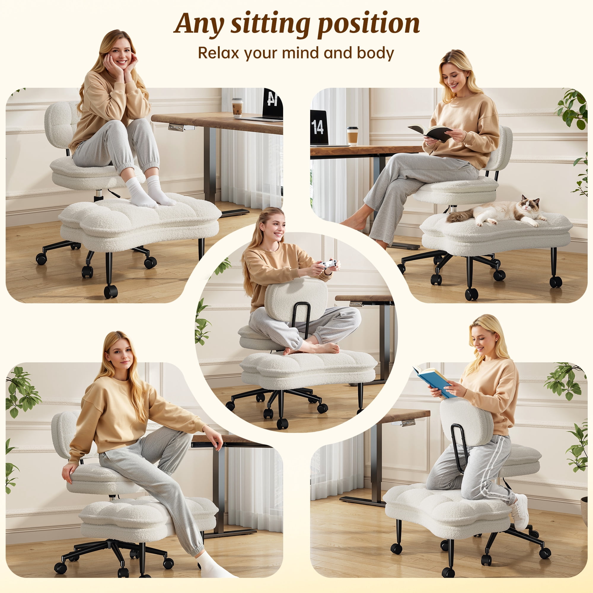 Romorgniz Ergonomic Cross Legged Office Chair 360° Swivel Meditation Chair with Wheels, Kneeling Desk Chair with Height Adjustable Seat, White