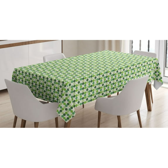 Green Tablecloth, Circles of Various Tones Shades and Tints of Green Retro Style Geometrical Pattern, Rectangle Satin Table Cover for Dining Room and Kitchen, 52" X 70", Green Cream, by Ambesonne