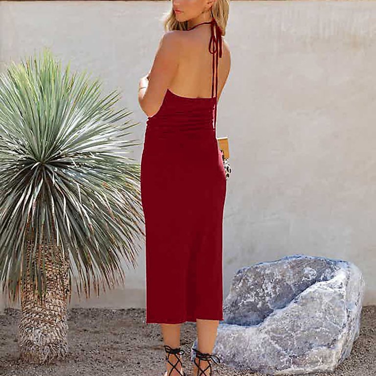 Bigersell Midi Bodycon Tank Dress Fashion Women Summer Casual Solid Round-Neck Halter Sleeveless Long Dress Plus Midi Dress Style 24693, Female Short