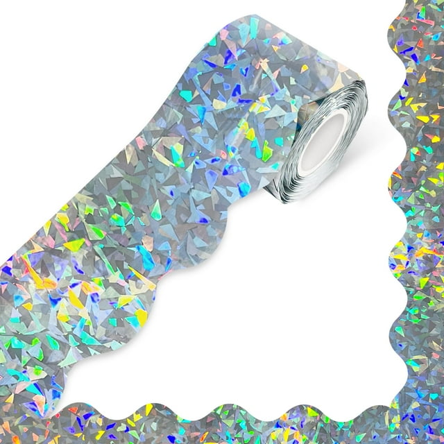 60ft Holographic Scalloped Bulletin Board Borders, Iridescent Rolled Trim for Classroom School Office Decorations