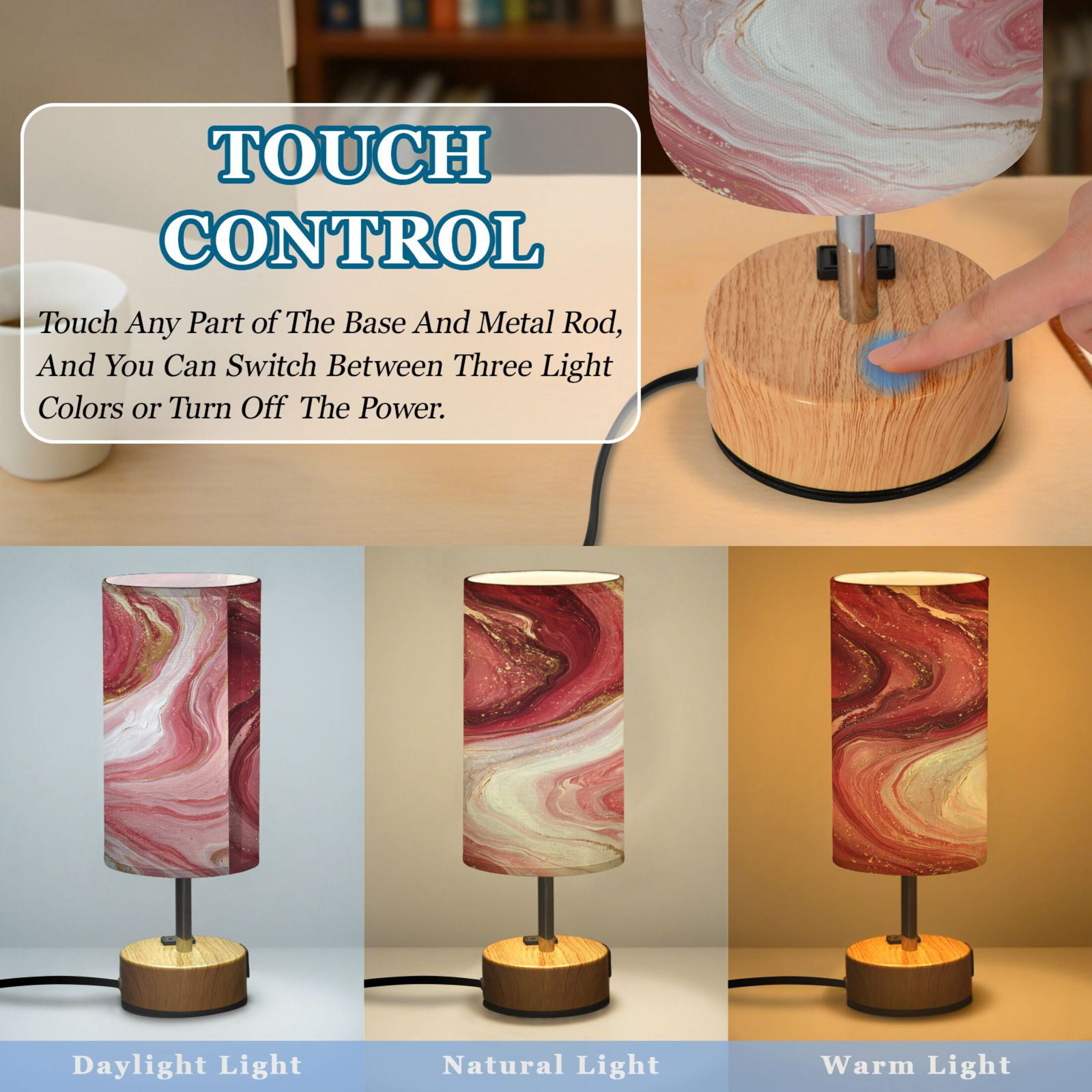 Touch-Control 3-Color Desk Lamp with Plug – Energy-Saving LED + 3 Simultaneous Charging Ports Burgundy Marble Flow