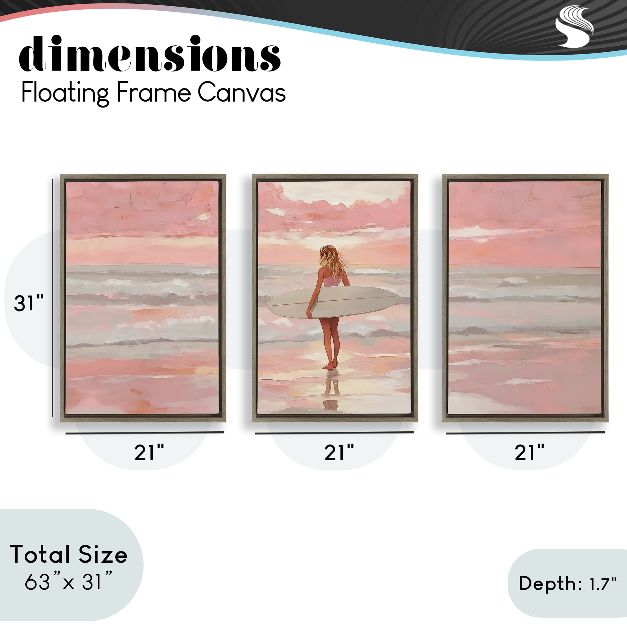 Stupell Industries Pink Sky Surfer Sunrise 3 Piece Brown Framed Floater Canvas Set, design by LSR Design Studio
