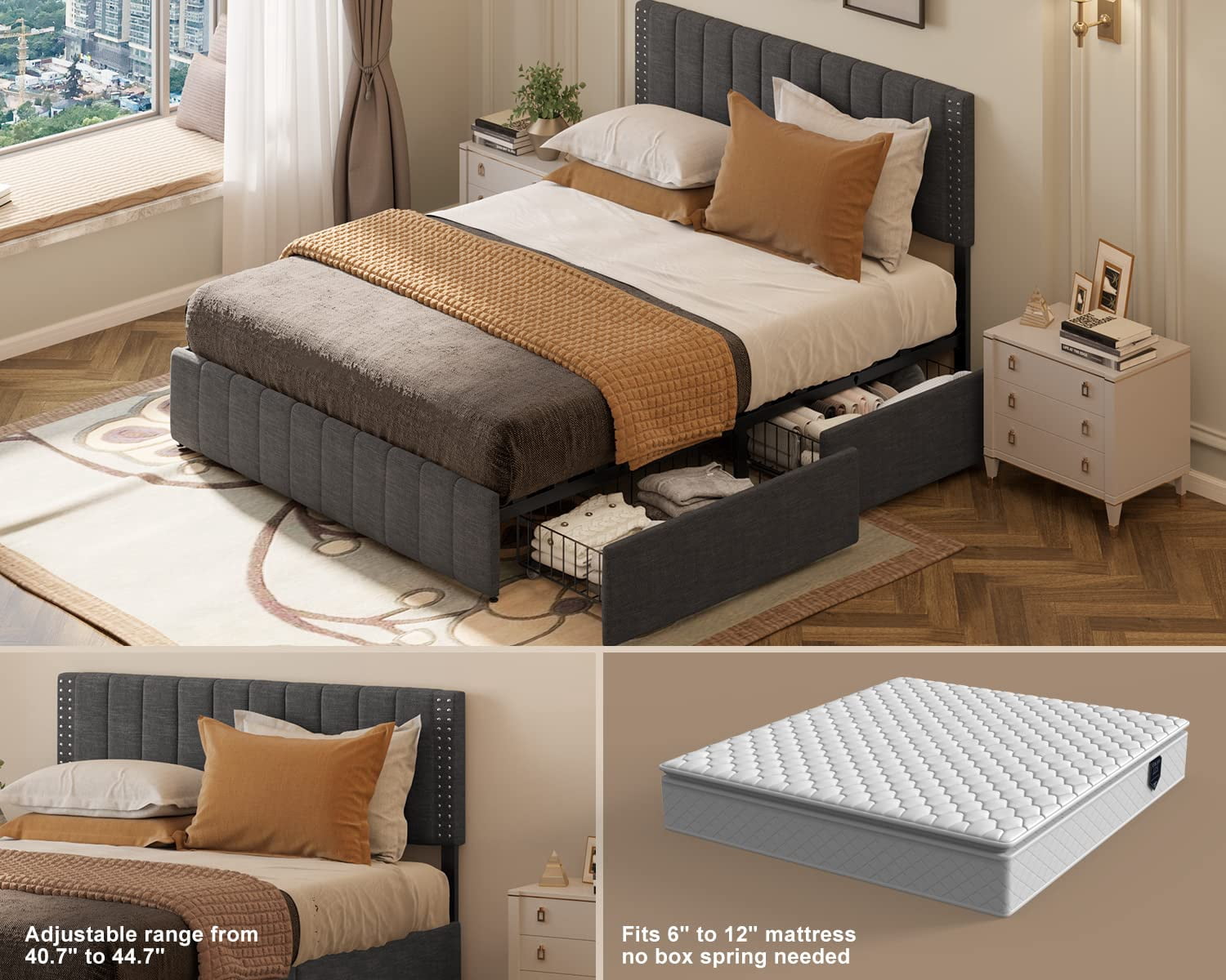 Lofka Full Bed Frame with 4 Drawers(Wheeled) and Adjustable Headboard Platform Bed Dark Grey