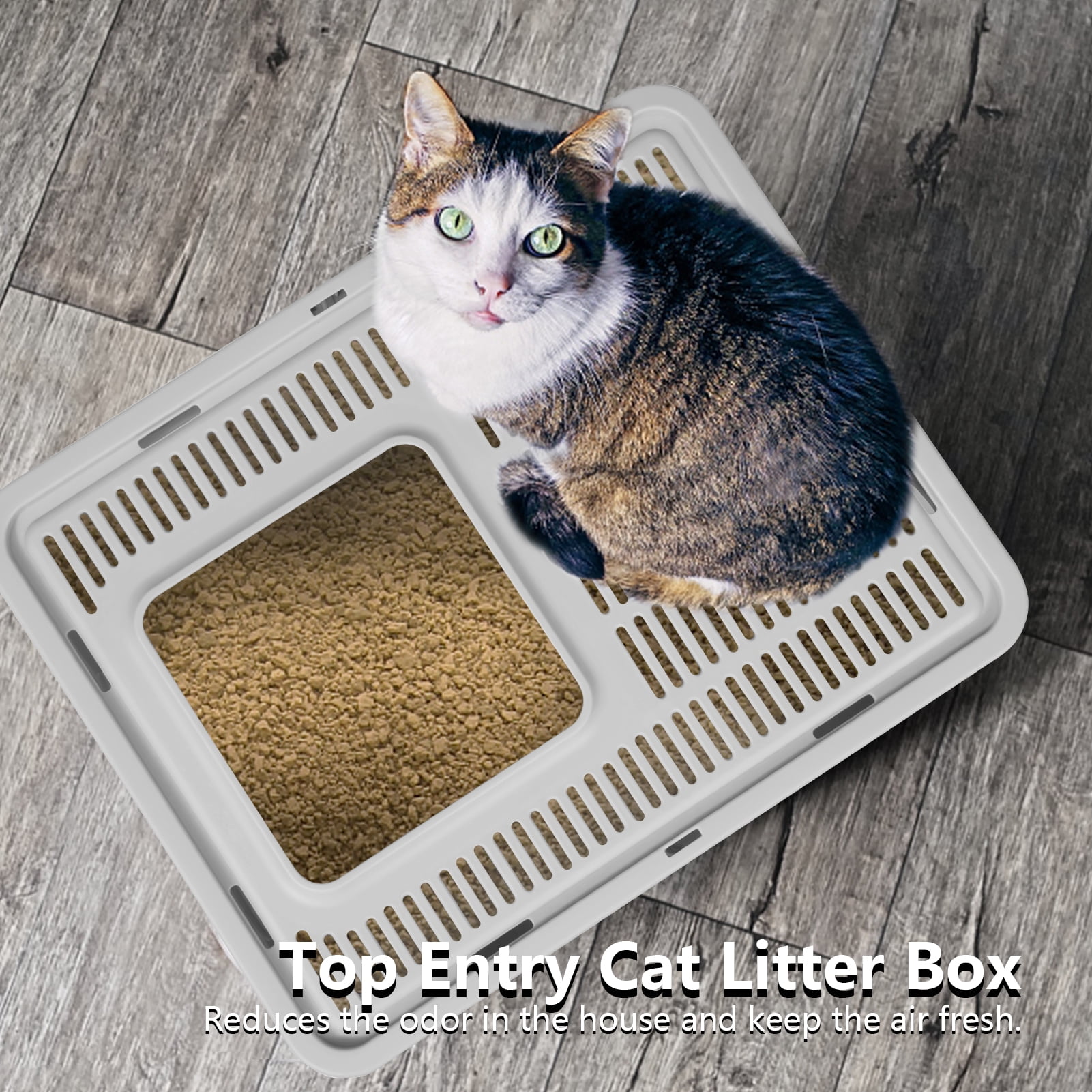 WiseWater Large Foldable Cat Litter Box with Lid, Top Entry Kitty Litter Box with Pet Plastic Scoop, Grey