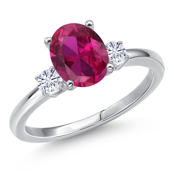 Gem Stone King 14K White Gold Red Created Ruby and White Moissanite Engagement Ring for Women | 2.20 Cttw | Oval 9X7MM | Gemstone July Birthstone | Size 7