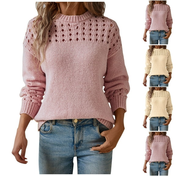 Fartey Women's Hollow Out Knit Sweaters Loose Fit Long Sleeve Drop Shoulder Sweater Cozy Fall Winter Knitted Pullover Tops Pink XL