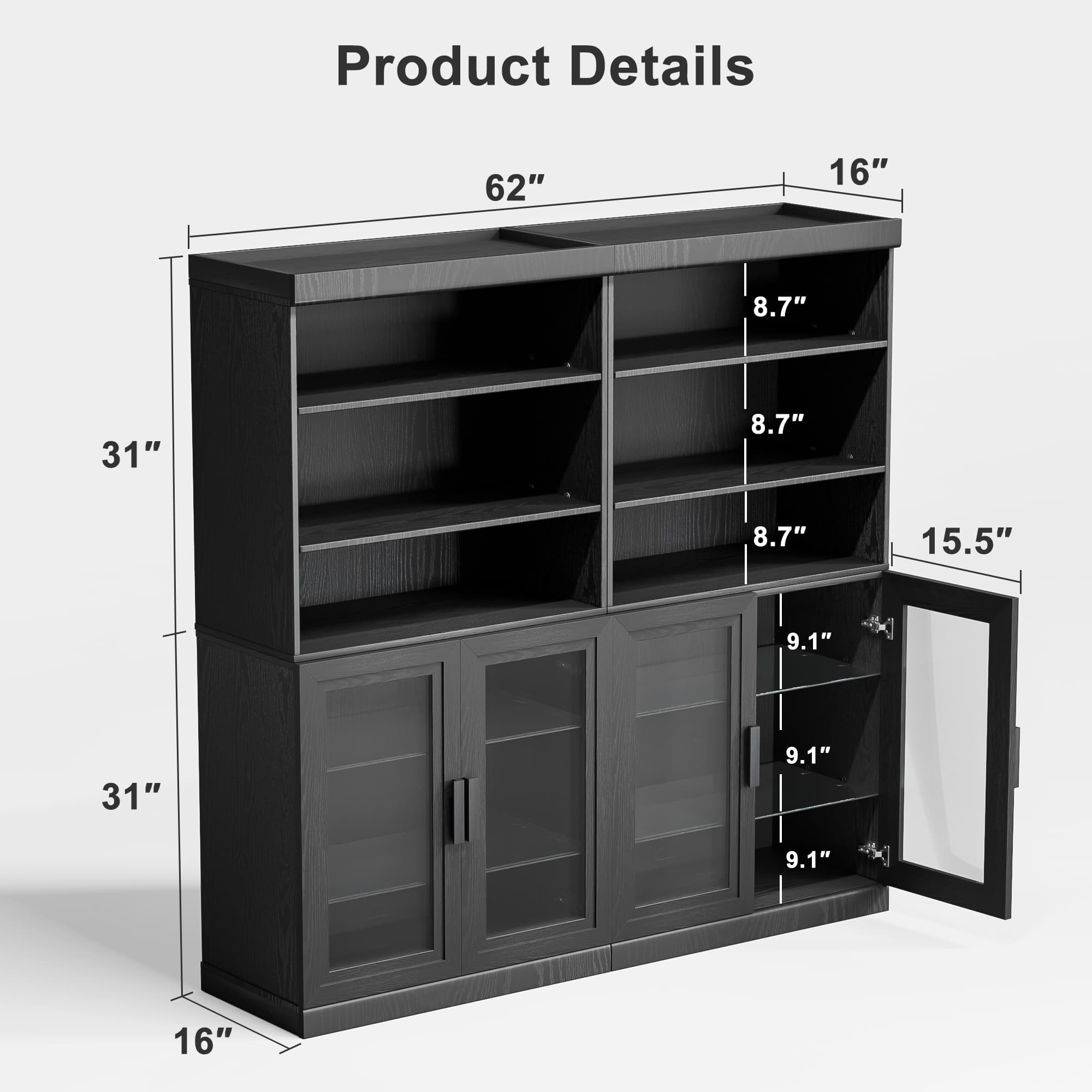 MAYEERTY Curio Display Cabinet with Glass Doors, DIY Combination Storage Cabinets with Adjustable Shelves for Living Room, Black