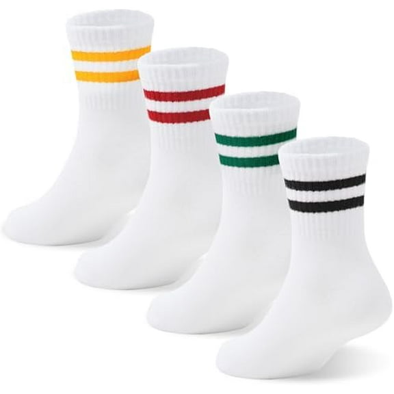 Girls Striped Athletic Socks Kids Soccer Crew Socks School Uniform Cotton Ankle Socks for Toddler Green Red Yellow Black Stripes Large Green Red Yellow Black Stripes Large Green Red Yellow