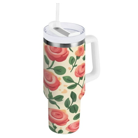 

30 Oz Car Handle Water Cup 9.9x3.5 Inch Stainless Steel Water Cup With Handle Water Cup Car Water Cup Travel Coffee Cup Pink Flowers3