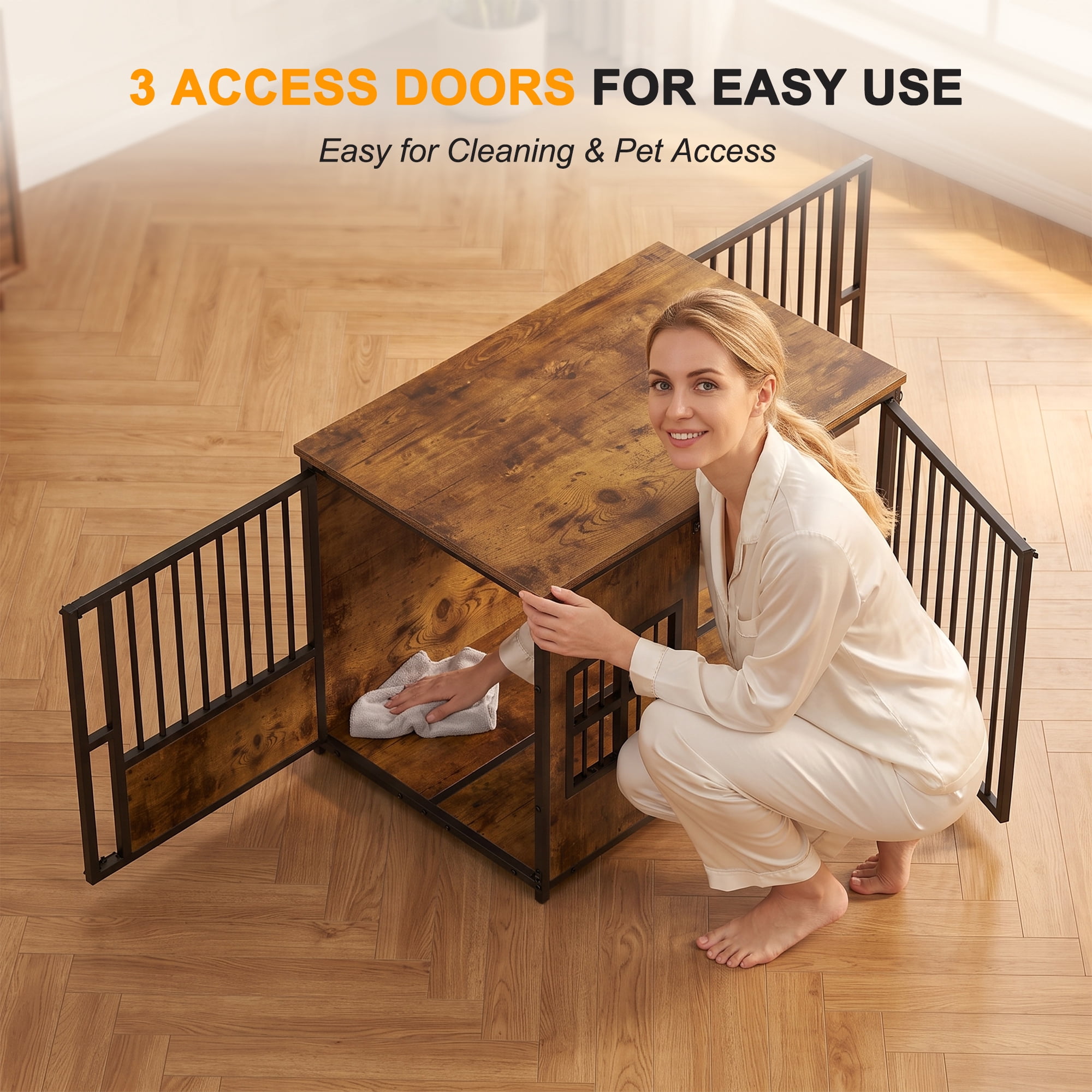 Dog Crate with Storage Top and Wooden Design, Large Indoor Pet Kennel and Dog Cage Furniture for Living Room Bedroom, Antique Brown