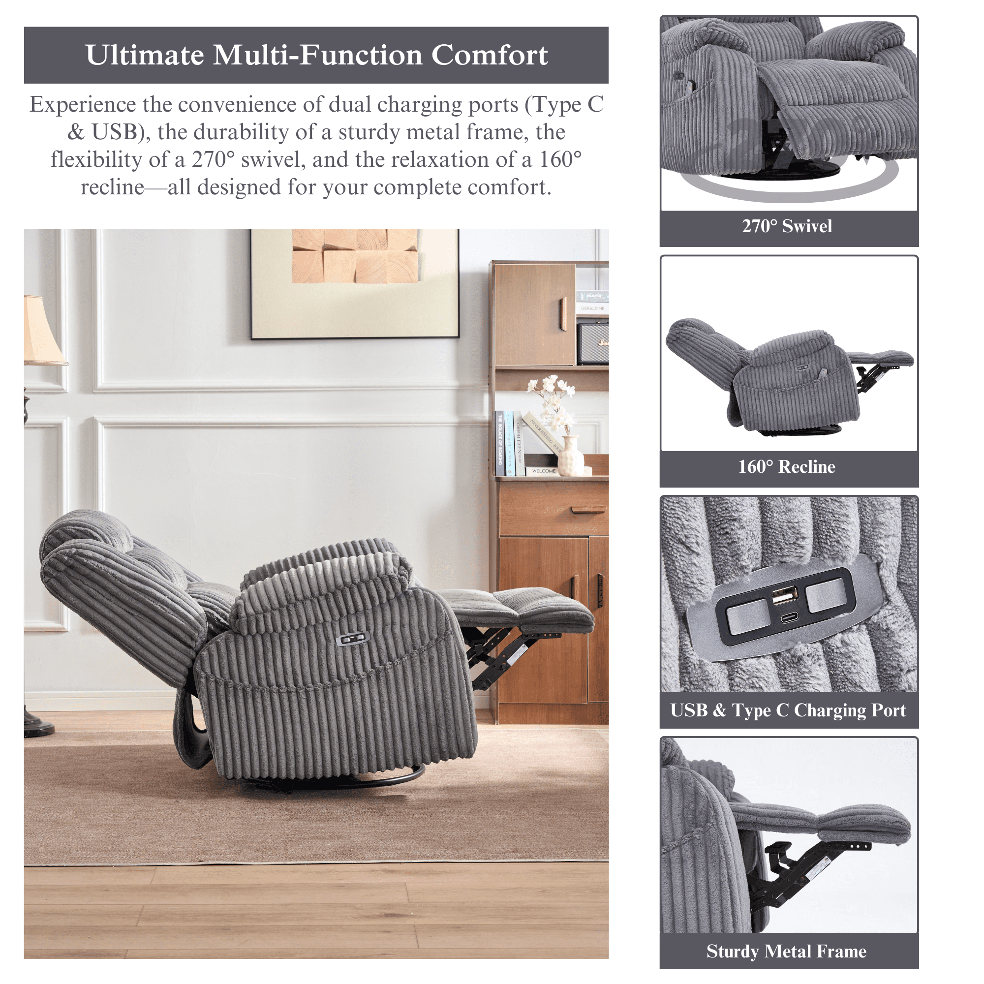 JUUXO Extra Wide Rocking Power Recliner Chair 270° Swivel with Heat Massage - USB & Type C Charging Port - Velvet Swivel Reclining Chair for Living Room Bedroom Office