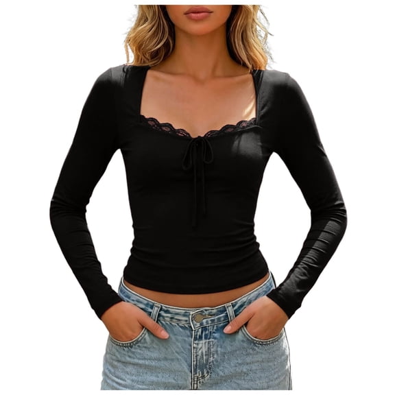 GEWSEY Women Lace Trim Crop Tops Y2K Square Neck Long Flare Sleeve Slim T Shirts Fairy Grunge Basic Top Blouses (Black, L)