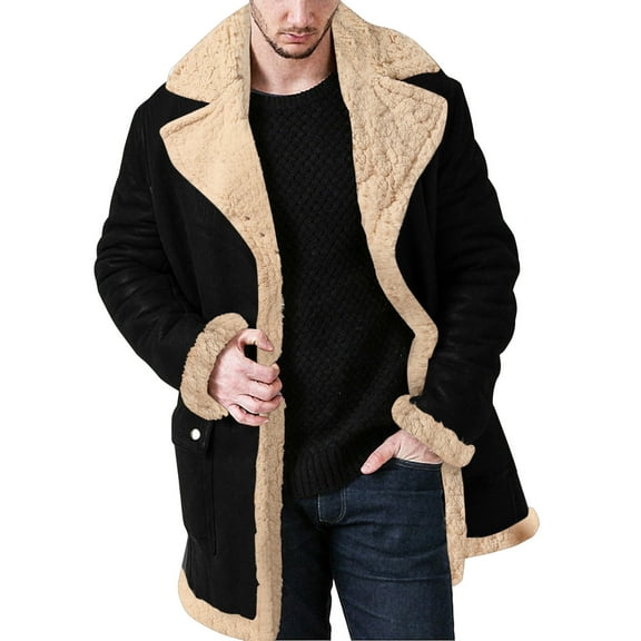 Jackets Tops For Men Plus Size Zipper Lapel Long Sleeve Padded Thicken Sheepskin Straight Jacket,Black,L