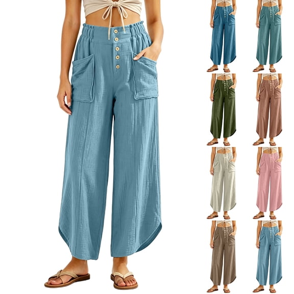 Oksale Boho Pants for Women Petite Pull On Cozy Cotton Pants with Pockets Elastic High Waist Summer Casual Pants Loose Wide Leg Trousers Blue M