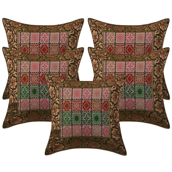 Stylo Culture Ethnic Chair Seat Throw Pillow Covers 16x16 Jacquard Orange Traditional 40 x 40 cm Home Decor Brocade Floral Zippered Square Cushion Covers | Set Of 5