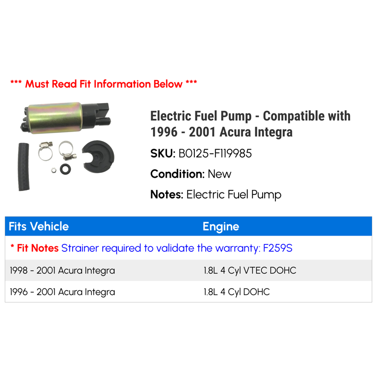 Fuel Pump Module Assembly For 1998-2001 Acura Integra - 12V, 80 PSI, 47 GPH, Includes Strainer
