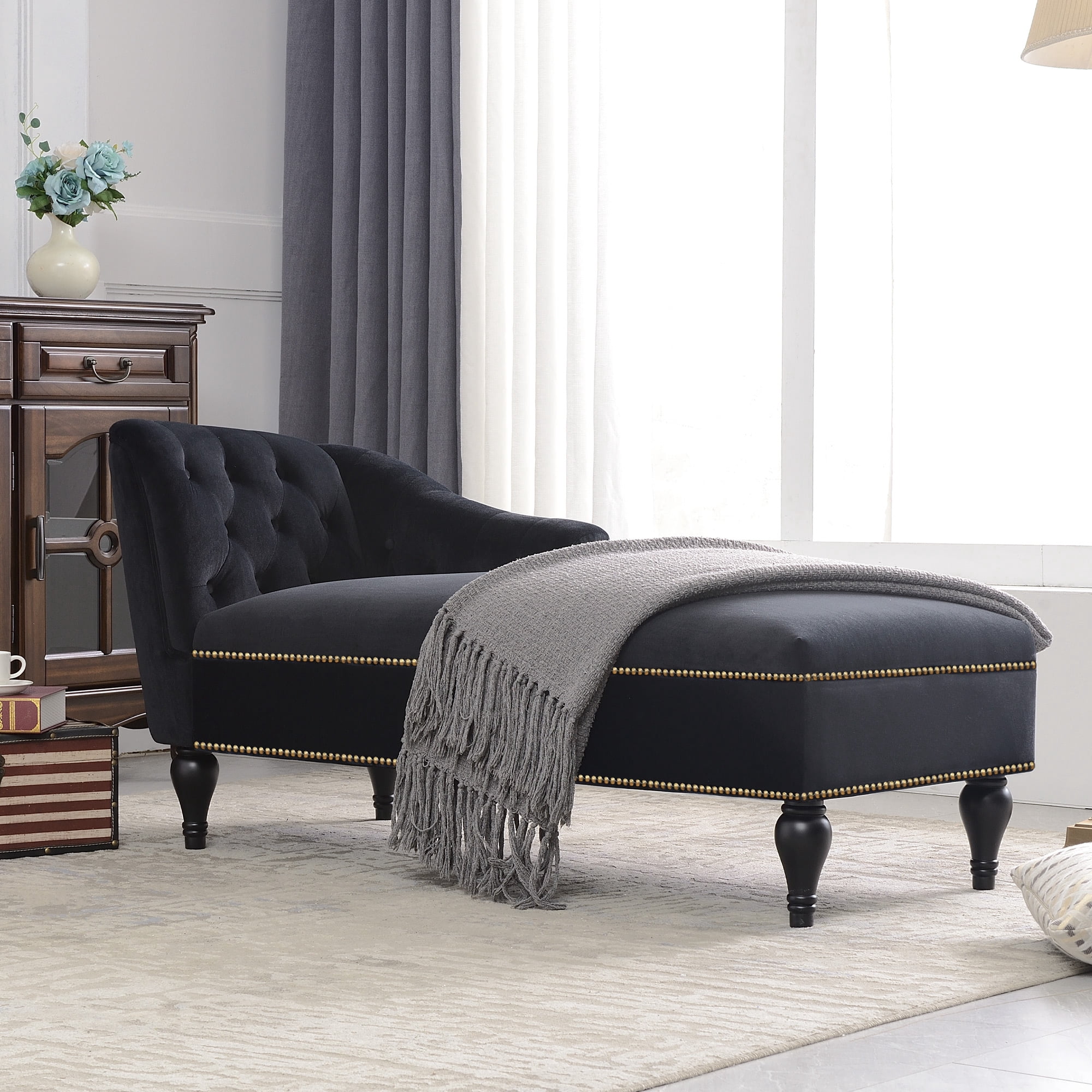 58" Velvet Chaise Lounge, Right Arm Facing Lounge Chair with Nailhead Trim for Living Room, Sleeper Lounge Sofa, Black