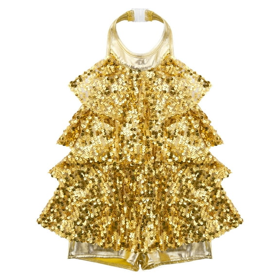 Runhomal Girls Halter Shiny Sequins Ballet Dance Dress Modern Jazz Latin Dancing Romper Dress Gold 6