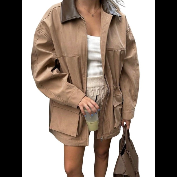 Chaqueta de Ante Sintético para Mujer, Estilo Granate, Informal, con Cintura Ajustable y Bolsillos Caqui L