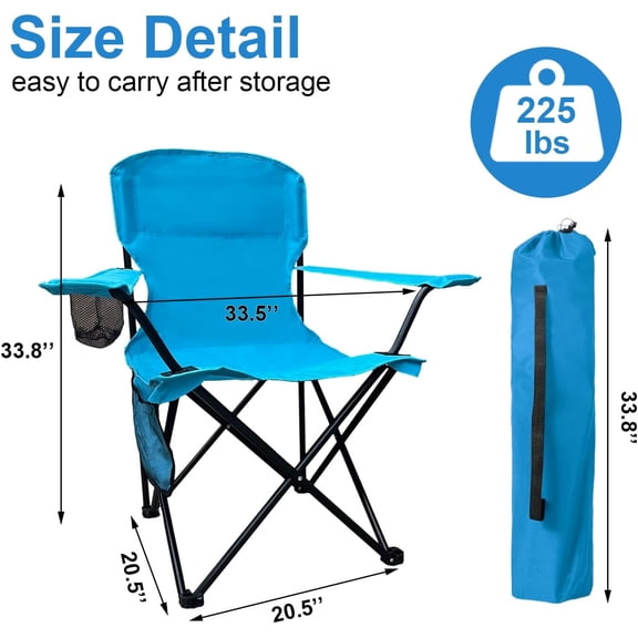 Foldable Camping Chair with Cup Holder, Storage Pocket, 225lbs Capacity, Wide Base Feet for Sand/Mud, Sweatproof Portable Outdoor Chair for Hiking, Beach, Sports, Blue