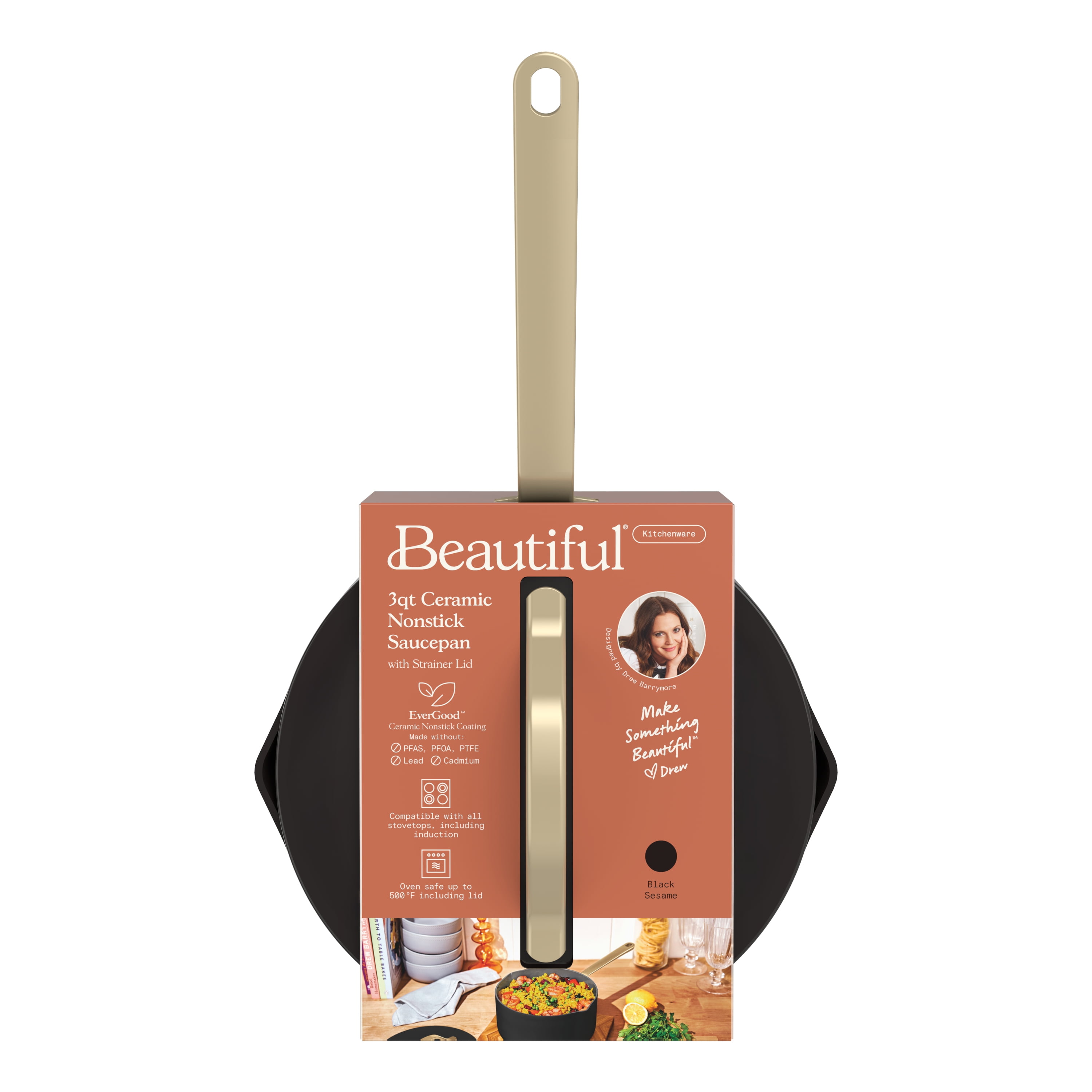 Beautiful 3 Quart Ceramic Non-Stick Covered Sauce Pan with Strainer Lid, Black Sesame by Drew Barrymore