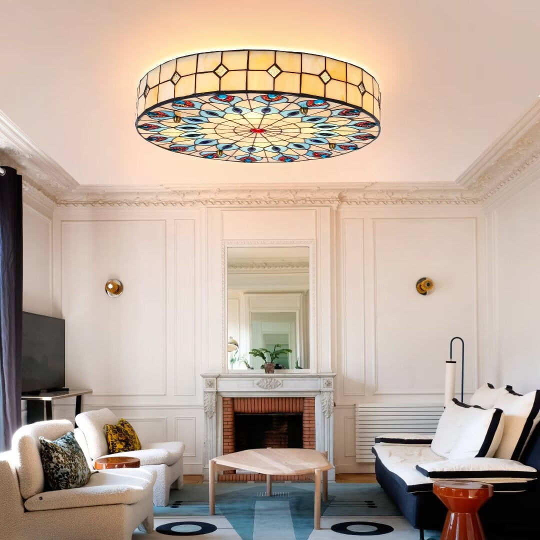 FINE MAKER  Peacock Stained Glass Ceiling Light Fixture Flush Mount Lamp Tiffany Chandelier