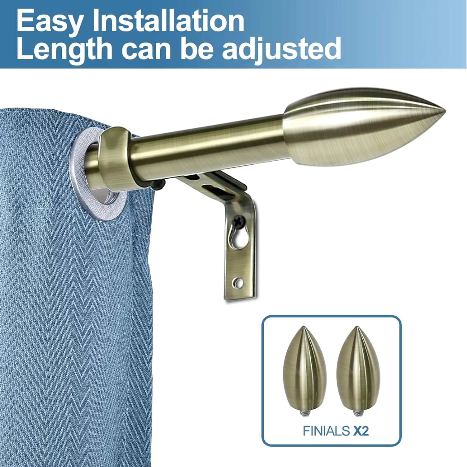 Urbanest Adjustable Single Curtain Rod Set Bullet Finials – 5/8-Inch Diameter, With Antique Brass Rod, 48–84 Inches
