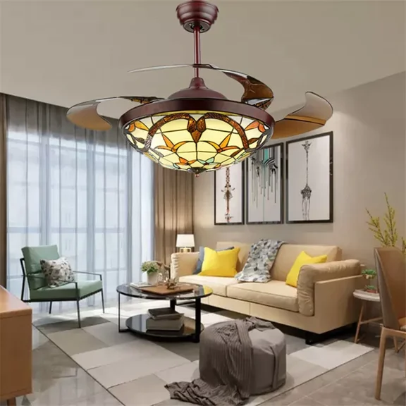 AFANQI 42" Ceiling Fan Light Stain Glass Chandelier Remote 3-Color LED 3-Speed