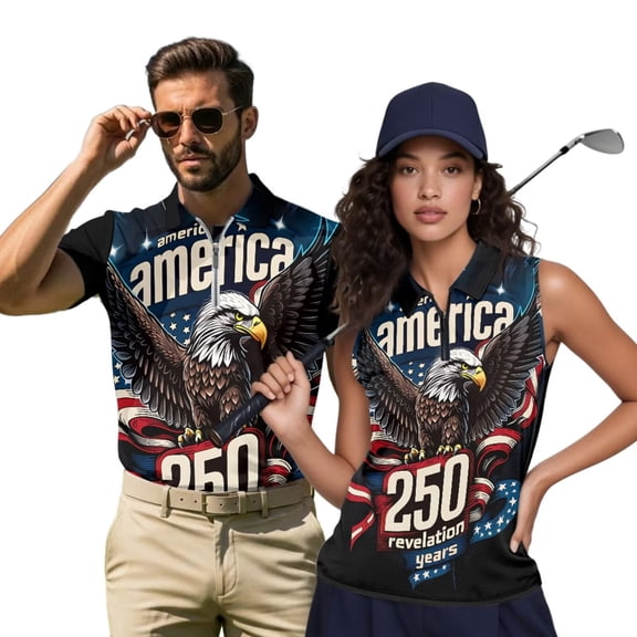 Aplkyhs Matching Golf Shirts for Couple 250th Anniversary Bald Eagle Quarter Zip His and Hers Golf Shirts Matching Quick Dry Golf Shirts for Men Keep Cool in Hot Weather Fit Plain