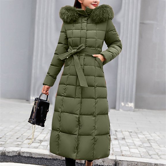Women's Long Hooded Puffer Coat, Belted Waist Winter Jacket with Faux Fur Trim, Quilted Parka, Warm Down Alternative Coat, Casual Outerwear Green L