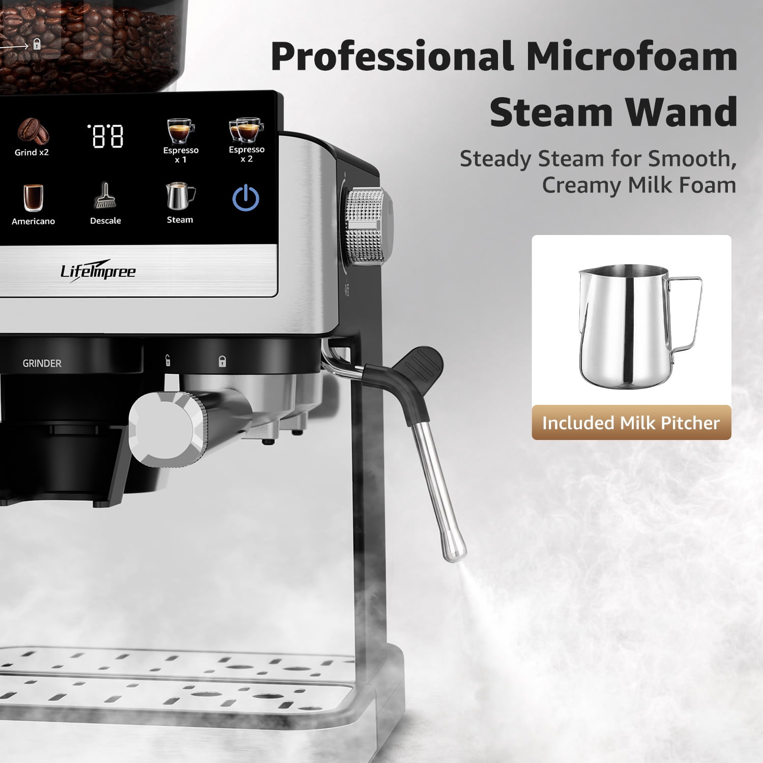 LifeImpree Espresso Machine with Grinder, 20 Bar Coffee Machine for Home with Powerful Milk Frother Steam Wand, 30 Grind Settings, 1550W Coffee Maker with Portafilter for Capsules