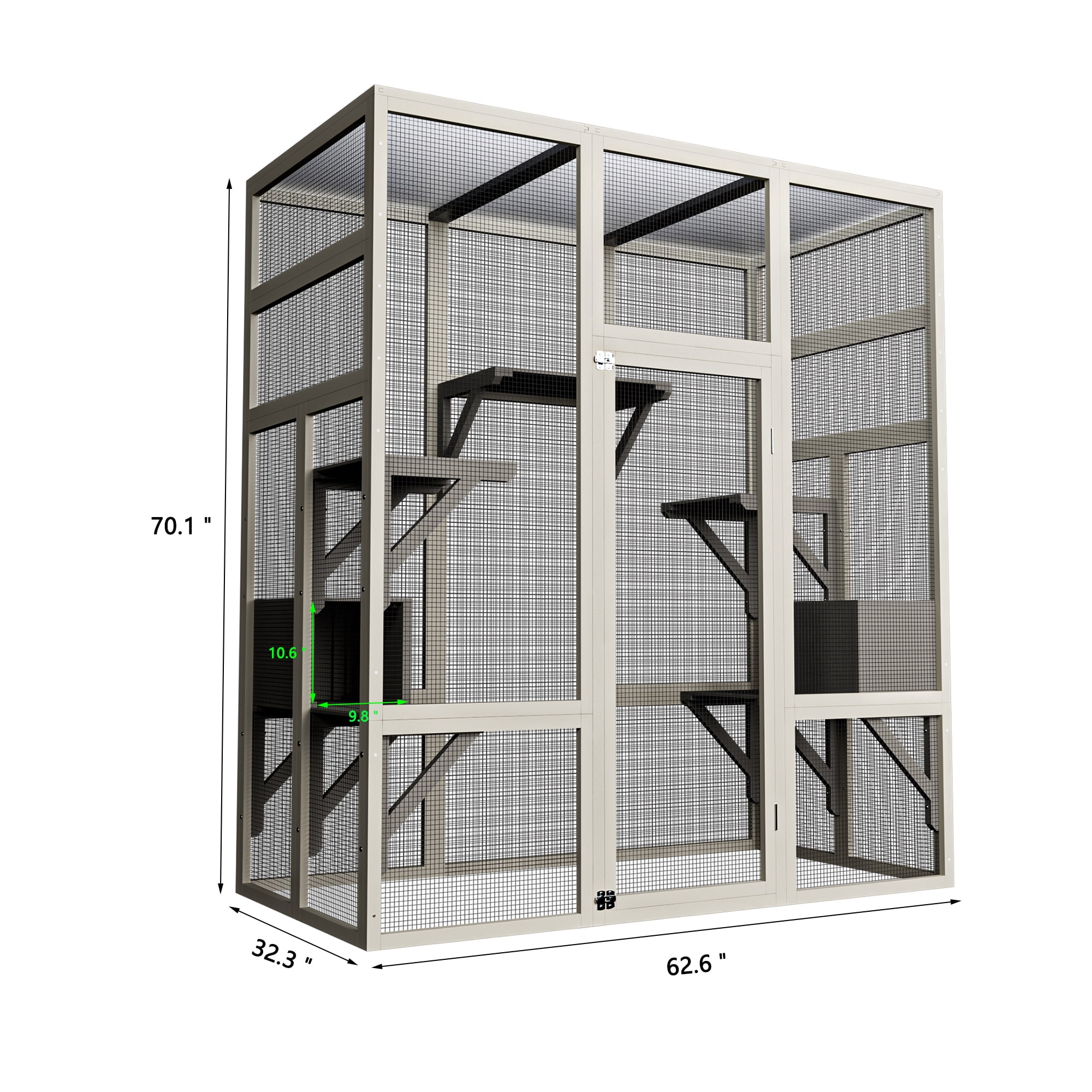 Catio Outdoor Cat Enclosure, 70'' Large Wood Cat House for Mulitiple Cats, Walk in Kitty Cage with 5 Platforms & 2 Resting Boxes, UV-Resistant & Waterproof Cover