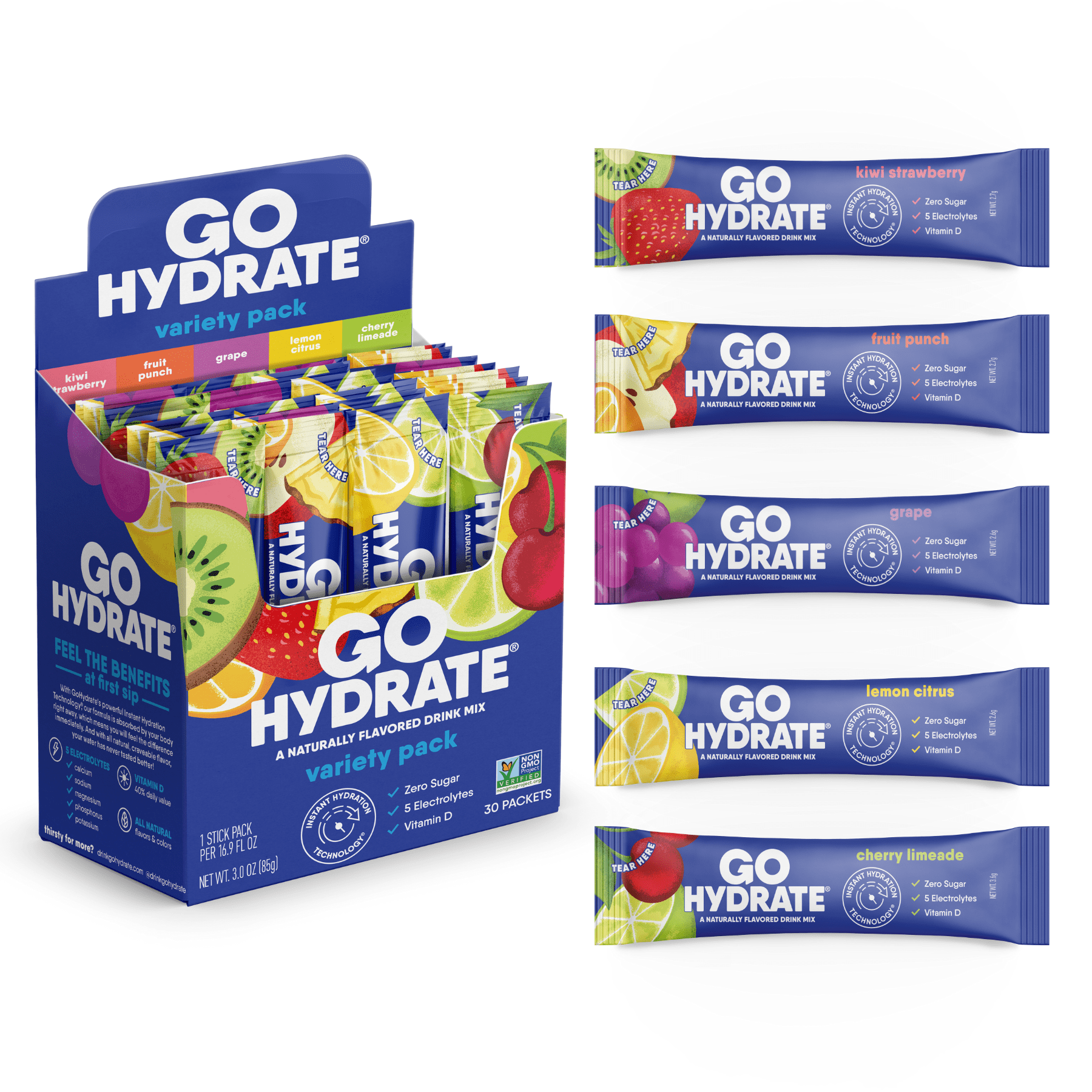 Electrolyte Hydration Drink Mix with Vitamin D, Non GMO Electrolyte Powder Hydration Pack, Mixed Flavors, 30 Hydration Powder Packets - GoHydrate